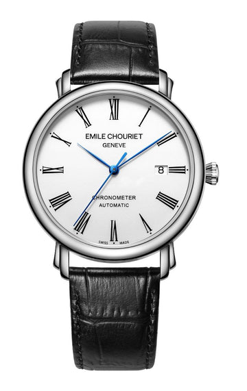 EMILE CHOURIET Man's Automatic Steel Sapphire Black Leather Watch 40mm