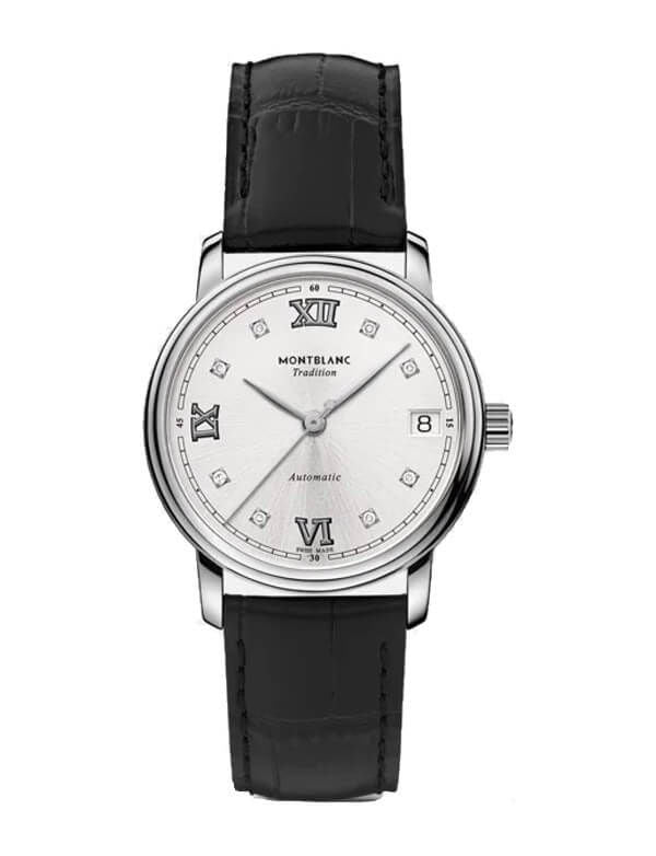 Montblanc Tradition Automatic ref: 128689 Date Dameshorloge 32mm met zilverkleurige wijzerplaat, Romeinse cijfers en zwarte lederen band. Luxe Swiss Made dames horloge voor stijlvolle gelegenheden.