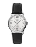 Montblanc Tradition Automatic ref: 128689 Date Dameshorloge 32mm met zilverkleurige wijzerplaat, Romeinse cijfers en zwarte lederen band. Luxe Swiss Made dames horloge voor stijlvolle gelegenheden.