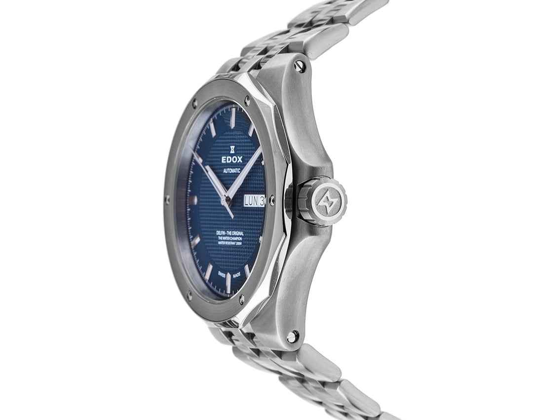 Edox Delfin Heren Duikhorloge - 43mm Waterdicht met blauwe wijzerplaat en roestvrijstalen band, zijaanzicht van kast en kroon.