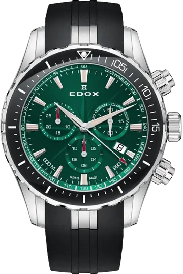 Edox Herenhorloge - Grand Ocean Chronograaf met groene wijzerplaat, zwarte duikring en rubberen band. Swiss Made duikhorloge van 43mm.