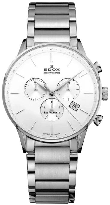 Edox Les Vauberts 10409 3A AIN Swiss Made chronograaf herenhorloge 42mm met zilveren wijzerplaat en roestvrijstalen band. Luxe Zwitsers horloge voor heren in de categorie sieraden en horloges.