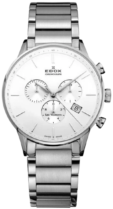 Edox Les Vauberts 10409 3A AIN Swiss Made chronograaf herenhorloge 42mm met zilveren wijzerplaat en roestvrijstalen band. Luxe Zwitsers horloge voor heren in de categorie sieraden en horloges.