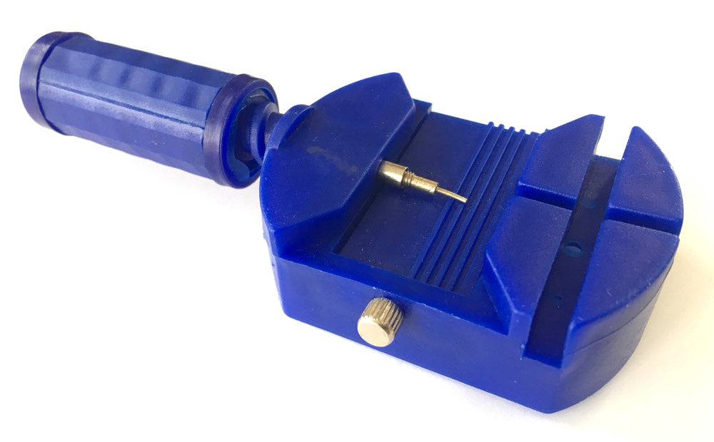 Blauwe horlogeband inkorter met verstelbare pin voor het aanpassen van metalen horlogebanden. Essentieel gereedschap voor horlogemakers.