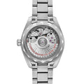Achterkant van de Omega Seamaster Aqua Terra 150M Co-Axial Master Chronometer Dameshorloge 34mm met zichtbare mechanische uurwerkdetails en roestvrijstalen band.