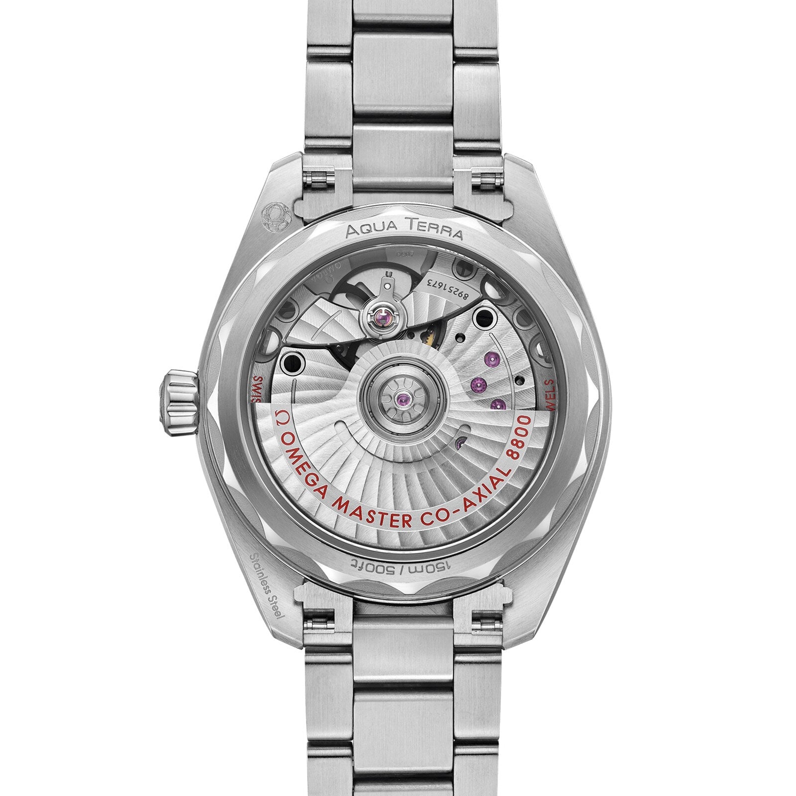 Achterkant van de Omega Seamaster Aqua Terra 150M Co-Axial Master Chronometer Dameshorloge 34mm met zichtbare mechanische uurwerkdetails en roestvrijstalen band.