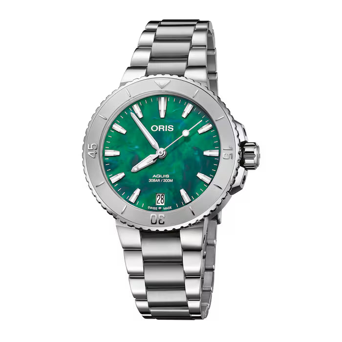 Oris Artelier Bracenet Dameshorloge 36,5mm met roestvrijstalen band en groene wijzerplaat, Swiss Made dames horloge voor elke gelegenheid