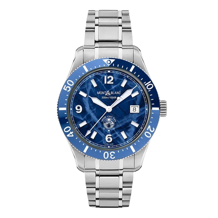 Montblanc 1858 Iced Sea Automatic Date ref: 129369 herenhorloge 41mm met blauwe wijzerplaat en roestvrijstalen band, Swiss Made duikhorloge.