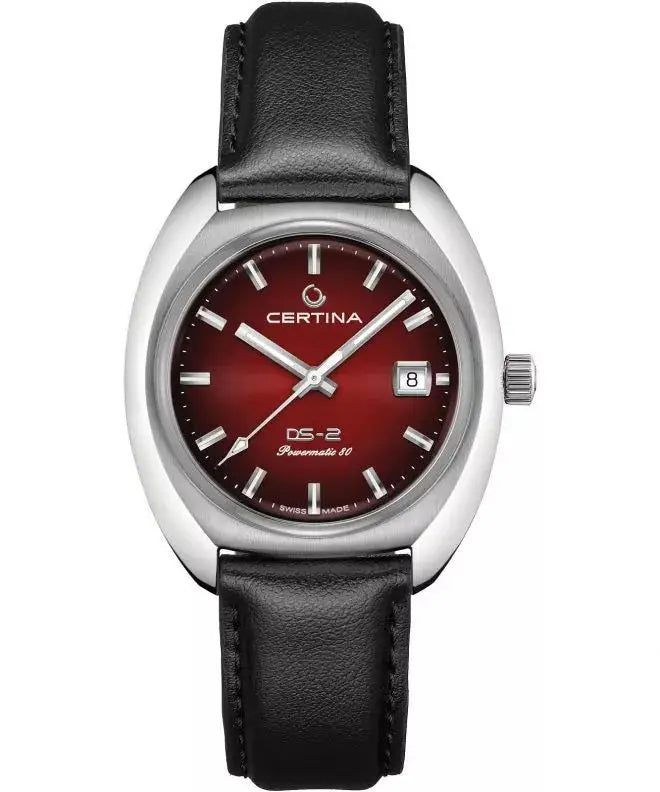 Certina DS-2 Powermatic 80 Herenhorloge 40mm met bordeauxrode wijzerplaat en zwart lederen band. Swiss Made automatisch horloge voor heren.