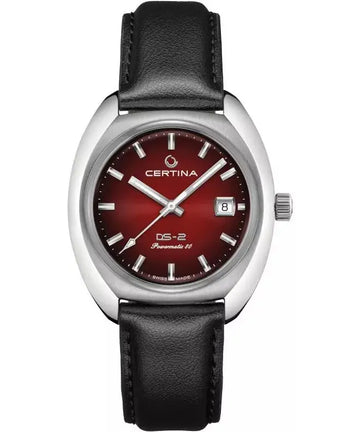 Certina DS-2 Powermatic 80 Herenhorloge 40mm met bordeauxrode wijzerplaat en zwart lederen band. Swiss Made automatisch horloge voor heren.
