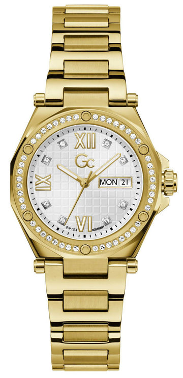 Gc Dameshorloge 34mm - Classic Collection Z38001L9MF met goudkleurige schakelband en kristallen bezel. Luxe Swiss Made dames horloge.