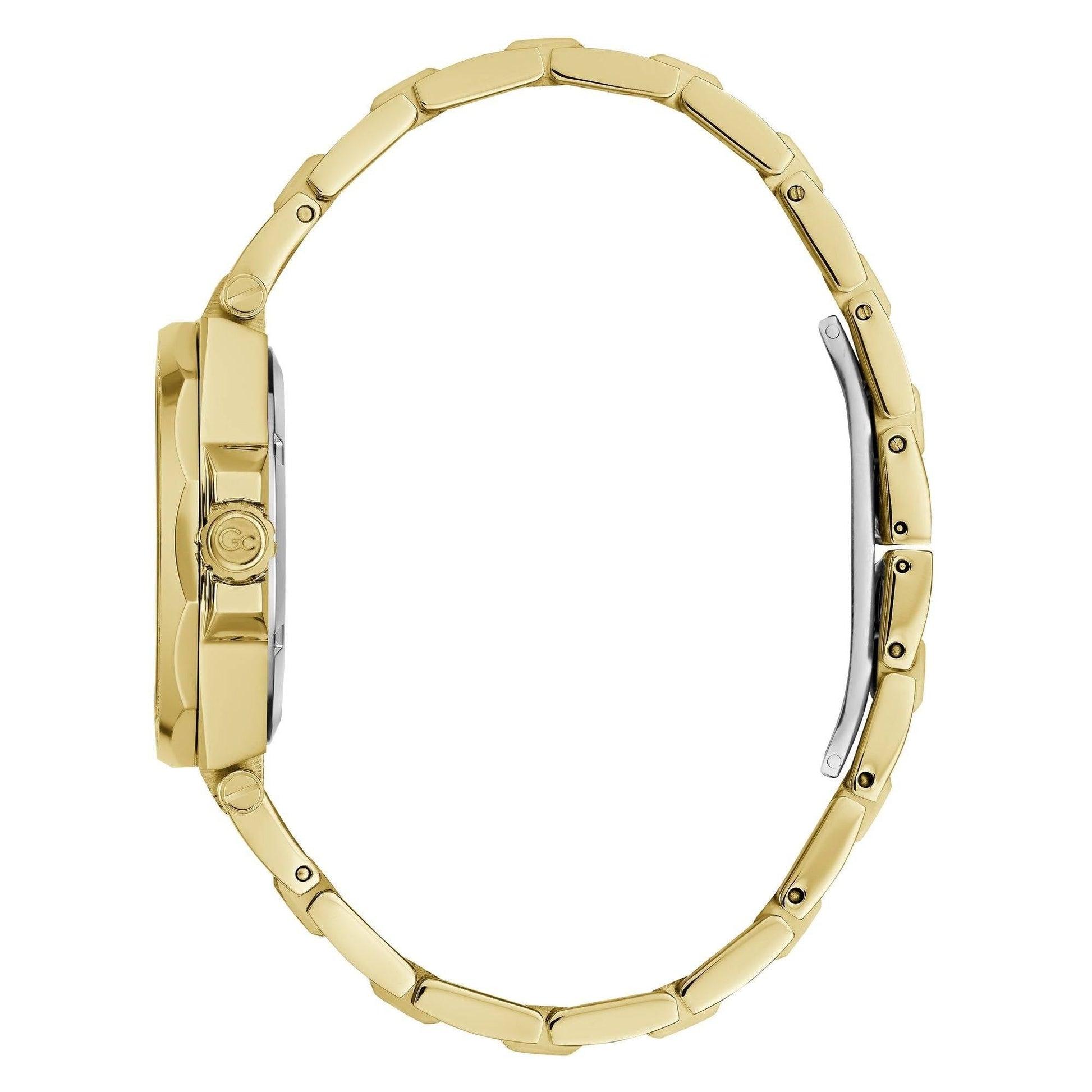 Zijaanzicht van de Gc Dameshorloge 34mm - Classic Collection Z38001L9MF met goudkleurige schakelband en verfijnde afwerking. Luxe Swiss Made dameshorloge.