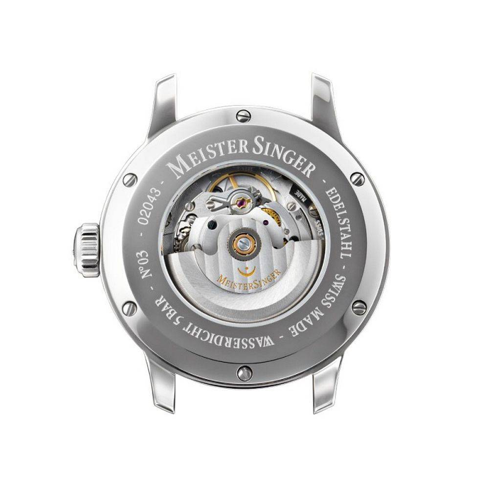 Achterzijde van de Meistersinger No03 DM908 Herenhorloge - 40mm Automatisch met zichtbare Zwitserse uurwerkmechaniek en edelstalen kast.