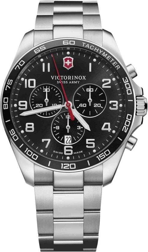 Victorinox Swiss Army Chronograph Horloge 42mm met zwarte wijzerplaat, tachymeter en roestvrijstalen band. Swiss Made herenhorloge voor dagelijks gebruik.
