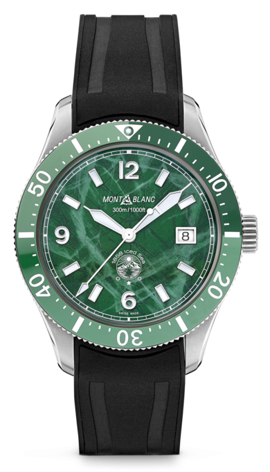 Montblanc 1858 Iced Sea Automatic Date ref: 129765 Herenhorloge 41mm met groene wijzerplaat en zwarte rubberen band. Luxe duikhorloge met datumfunctie.