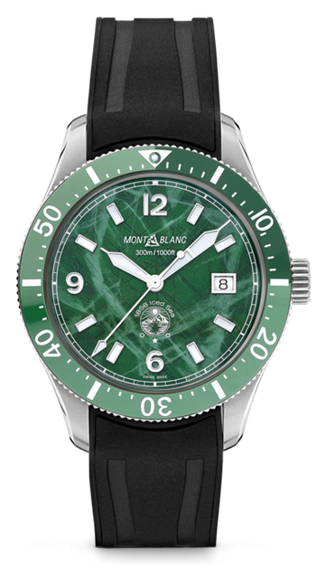 Montblanc 1858 Iced Sea Automatic Date ref: 129765 Herenhorloge 41mm met groene wijzerplaat en zwarte rubberen band. Luxe duikhorloge met datumfunctie.