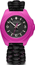 Victorinox I.N.O.X. dameshorloge 37mm met roze kast en zwart-roze paracord band, waterdicht tot 20 ATM. Zwitsers horloge voor actieve vrouwen.