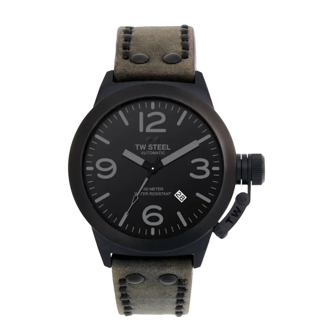 TW Steel Canteen CS116 Automatic Herenhorloge 45mm met zwart wijzerplaat en robuuste leren band. Stijlvol horloge voor moderne heren.