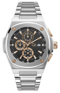 Gc Herenhorloge Shape 44mm Y99001G2MF met zilveren en roségouden accenten, chronograafwijzerplaat en roestvrijstalen band. Luxe Swiss Made horloge voor heren.