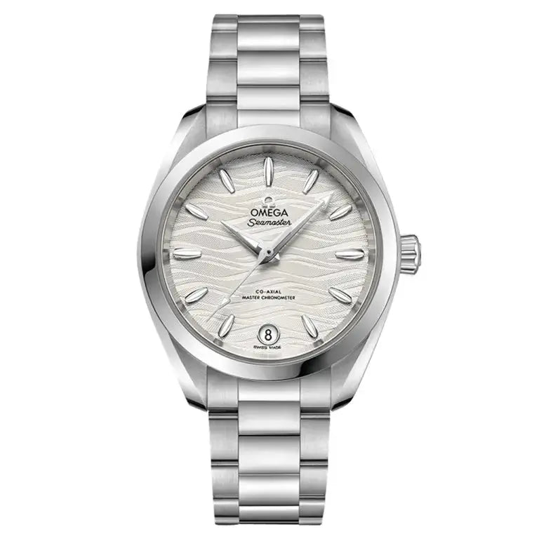 Omega Seamaster Aqua Terra 150M Co-Axial Master Chronometer dameshorloge 34mm met zilveren wijzerplaat en roestvrijstalen band. Luxe Swiss Made horloge voor dames, waterdicht en elegant.