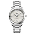Omega Seamaster Aqua Terra 150M Co-Axial Master Chronometer dameshorloge 34mm met zilveren wijzerplaat en roestvrijstalen band. Luxe Swiss Made horloge voor dames, waterdicht en elegant.