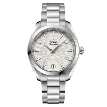Omega Seamaster Aqua Terra 150M Co-Axial Master Chronometer dameshorloge 34mm met zilveren wijzerplaat en roestvrijstalen band. Luxe Swiss Made horloge voor dames, waterdicht en elegant.