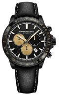 Raymond Weil Tango herenhorloge 43mm met zwarte wijzerplaat, goudkleurige subdials en zwarte leren band, Swiss Made chronograafmodel.