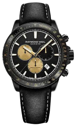 Raymond Weil Tango herenhorloge 43mm met zwarte wijzerplaat, goudkleurige subdials en zwarte leren band, Swiss Made chronograafmodel.