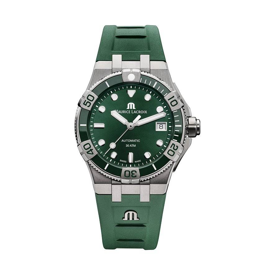 Maurice Lacroix Aikon Automatic Venturer herenhorloge 43mm met groene wijzerplaat en roestvrijstalen band, waterdicht tot 30 ATM.