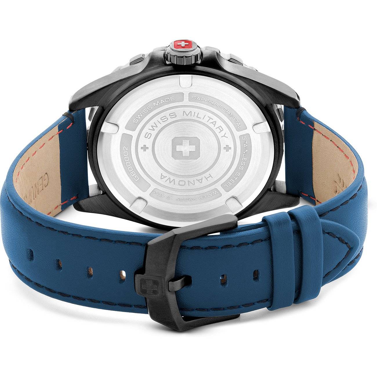Swiss Military Hanowa Land SMWGB0000250 Carbon Peak heren horloge met blauwe lederen band en roestvrijstalen achterkant. Swiss Made kwaliteit.