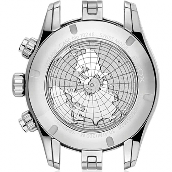 Achterzijde van Edox Herenhorloge - Grand Ocean Chronograaf met wereldkaartgravure en Swiss Made markering. Luxe duikhorloge met 300M waterdichtheid.