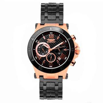 BOBROFF Man's Black Steel Quartz Watch 44mm