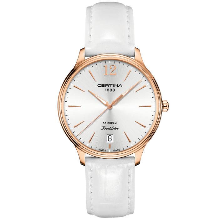 Certina DS Dream Dameshorloge 38mm met witte leren band en roségouden kast, elegant Zwitsers dameshorloge voor dagelijks gebruik.