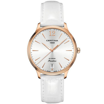 Certina DS Dream Dameshorloge 38mm met witte leren band en roségouden kast, elegant Zwitsers dameshorloge voor dagelijks gebruik.