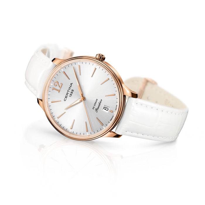 Certina DS Dream Dameshorloge 38mm met witte leren band en roségouden kast, elegant Zwitsers dameshorloge voor dagelijks gebruik.