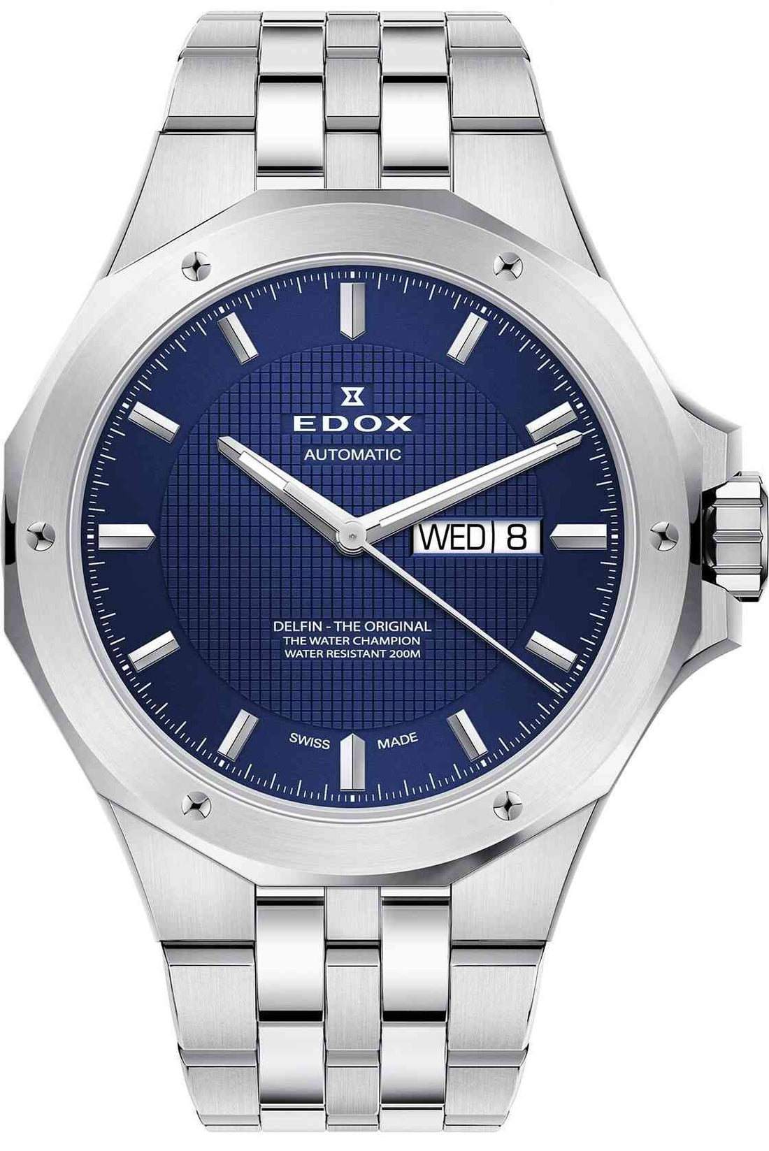 Edox Delfin Heren Duikhorloge - 43mm Waterdicht met blauwe wijzerplaat en roestvrijstalen band. Swiss Made automatisch horloge voor duikliefhebbers.