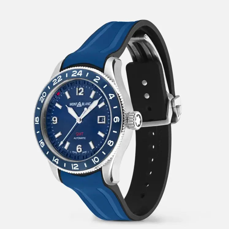 Montblanc 1858 GMT Automatic ref: 129617 herenhorloge 42mm met blauwe wijzerplaat en rubberen band. Swiss Made precisie en elegantie.