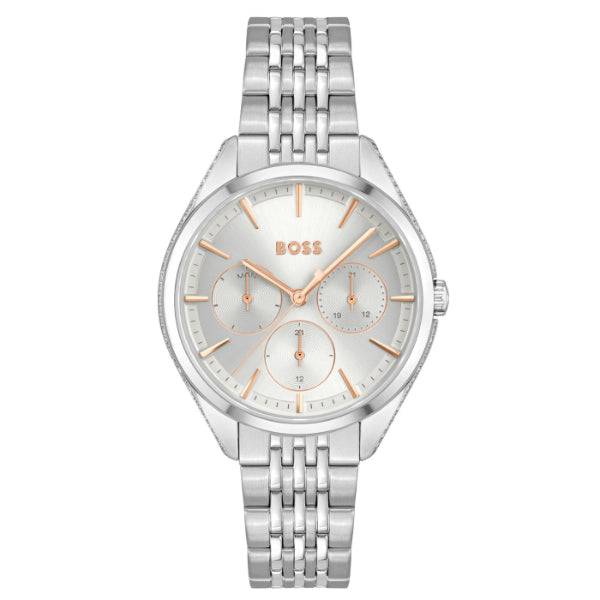 Hugo Boss horloge 38mm voor dames met roestvrijstalen band, zilverkleurige wijzerplaat en quartz uurwerk met datumfunctie.