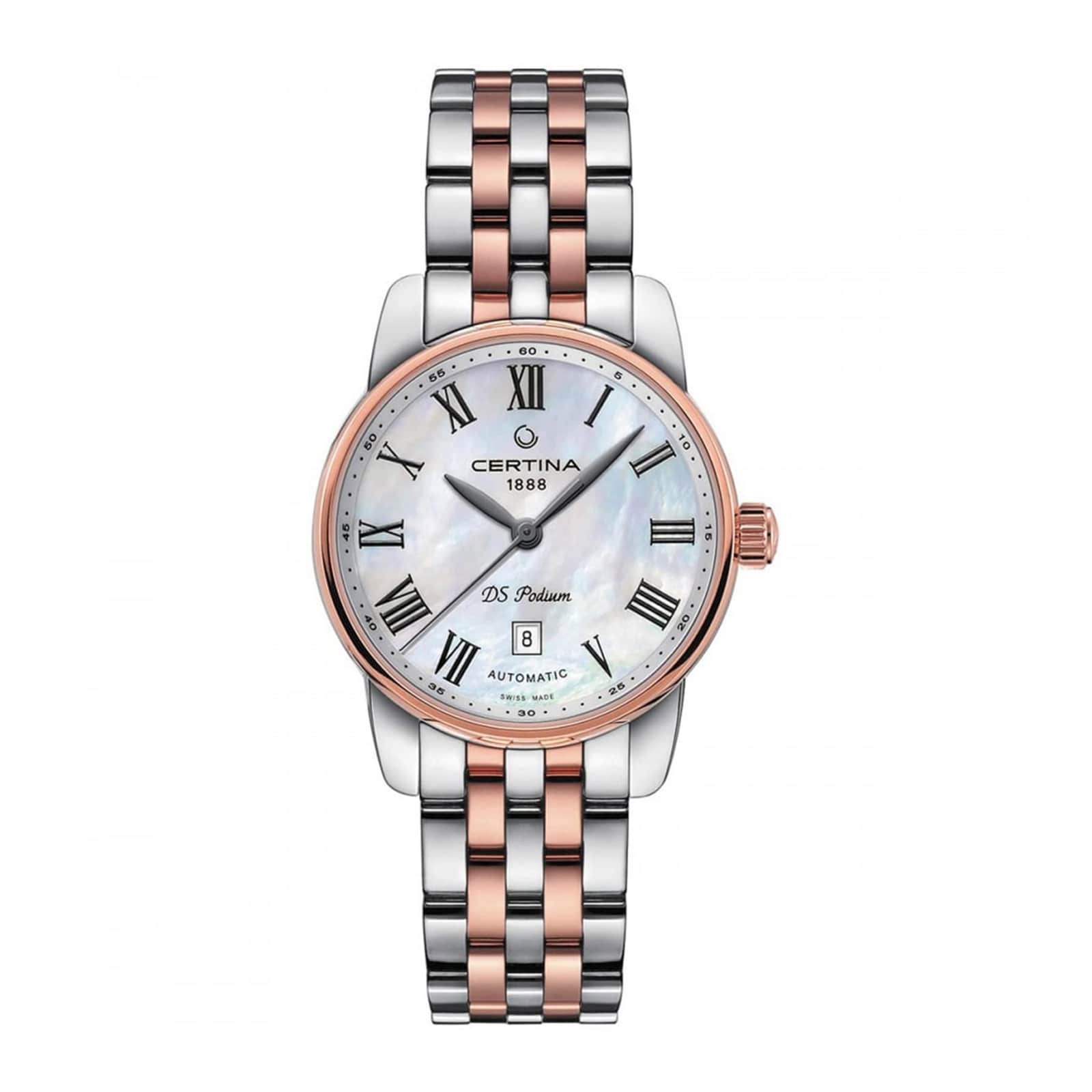 Certina DS C0010072211300 Podium Automatic Dameshorloge 29mm met parelmoer wijzerplaat en roségoud-zilveren schakelband. Luxe Swiss Made dames horloge.