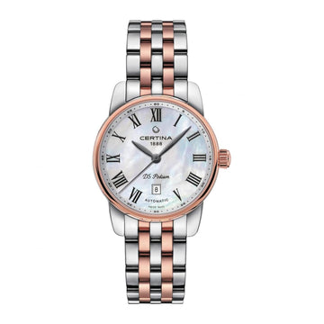 Certina DS C0010072211300 Podium Automatic Dameshorloge 29mm met parelmoer wijzerplaat en roségoud-zilveren schakelband. Luxe Swiss Made dames horloge.