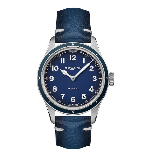 Montblanc 1858 Automatic 126758 Herenhorloge 40mm met blauwe wijzerplaat en lederen band, Swiss Made horloge in klassieke stijl.