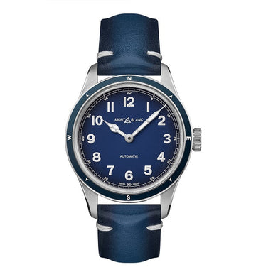 Montblanc 1858 Automatic 126758 Herenhorloge 40mm met blauwe wijzerplaat en lederen band, Swiss Made horloge in klassieke stijl.