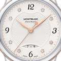 Montblanc Bohème Date Automatic ref:111058 dameshorloge 30mm met roségouden wijzers, diamantindexen en datumvenster op 6 uur. Luxe Swiss Made horloge voor dames.