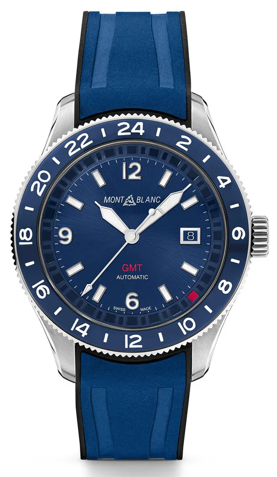 Montblanc 1858 GMT Automatic ref: 129617 herenhorloge 42mm met blauwe wijzerplaat, GMT-functie en rubberen band. Luxe Swiss Made horloge voor heren.