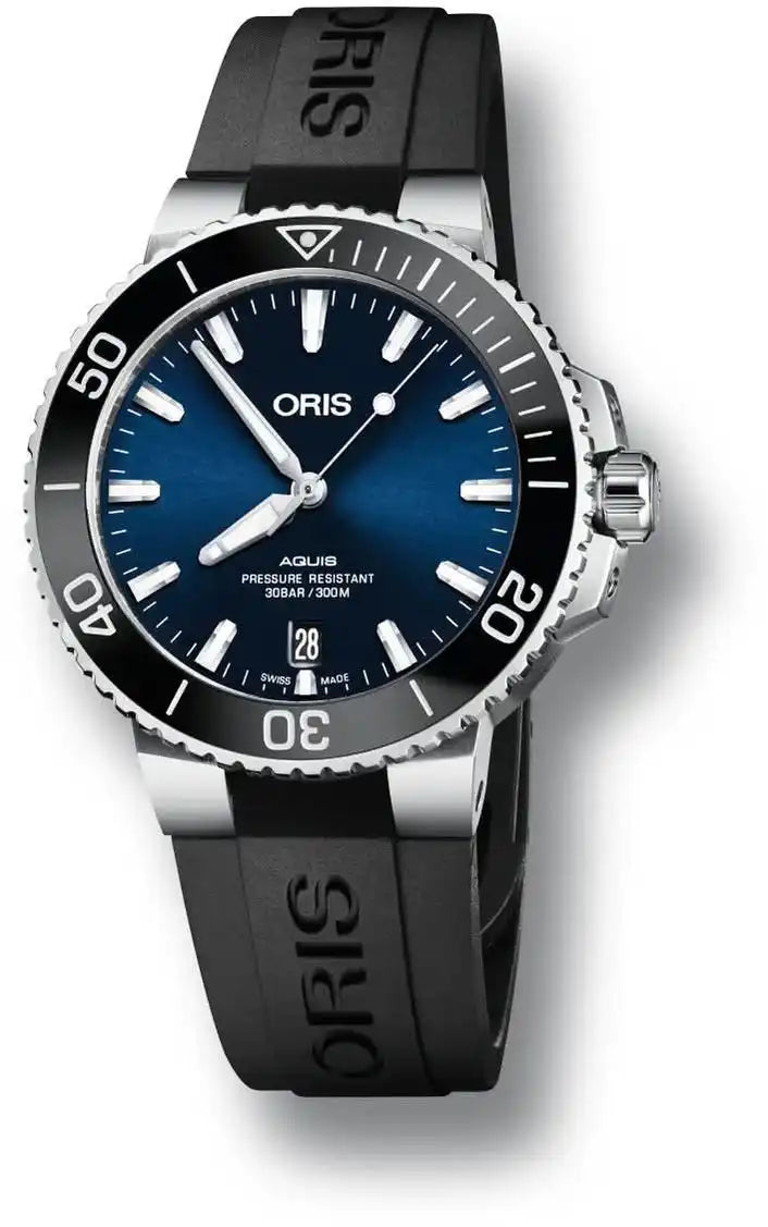 Oris Aquis Date Unisex horloge 39,5mm kopen met blauwe wijzerplaat en zwarte rubberen band. Luxe dames horloge voor dagelijks gebruik of speciale gelegenheden.