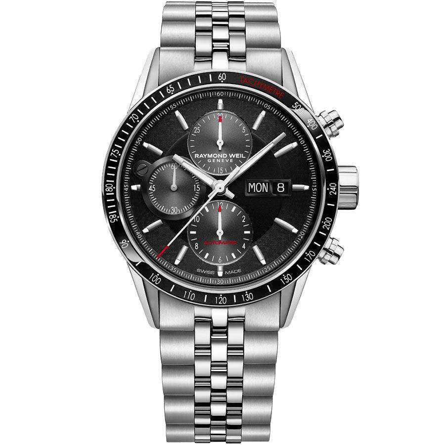 Raymond Weil Freelancer 7731-ST1-20621 automatisch chronograaf herenhorloge 42mm met zwarte wijzerplaat en roestvrijstalen schakelband. Luxe Swiss Made horloge voor heren in de categorie horloges.