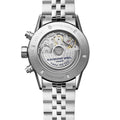 Achterkant van de Raymond Weil Freelancer 7731-ST1-20621 automatisch chronograaf herenhorloge 42mm met zichtbare Zwitserse uurwerkmechaniek.