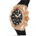 TW Steel ACE403 Swiss Made herenhorloge 44mm met zwarte wijzerplaat, roségouden kast en zwarte siliconen band, waterdicht tot 30 ATM.