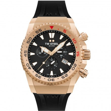 TW Steel ACE403 Swiss Made herenhorloge 44mm met zwarte wijzerplaat, roségouden kast en zwarte siliconen band, waterdicht tot 30 ATM.
