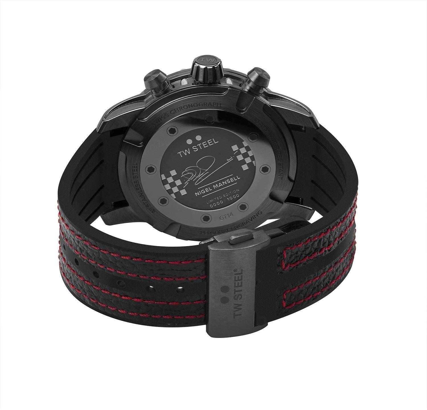 Achteraanzicht van de TW Steel TWGT14 Damon Hill Fast Lane Chronograaf Limited Edition Herenhorloge 47mm met zwart-rode leren band en gegraveerde kastdeksel. Luxe Swiss Made herenhorloge uit de Fast Lane collectie.